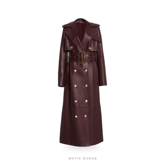 Women's Burgundy Leather Double-Breasted Trench Coat