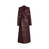 Women's Burgundy Leather Double-Breasted Trench Coat