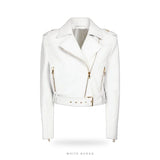 Women's White Lambskin Leather Biker Jacket with Gold Zips