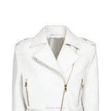 Women's White Lambskin Leather Biker Jacket with Gold Zips – view 3