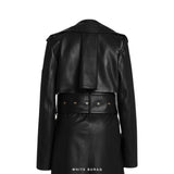 Women's Black Leather Double-Breasted Trench Coat with Gold Buttons – view 4