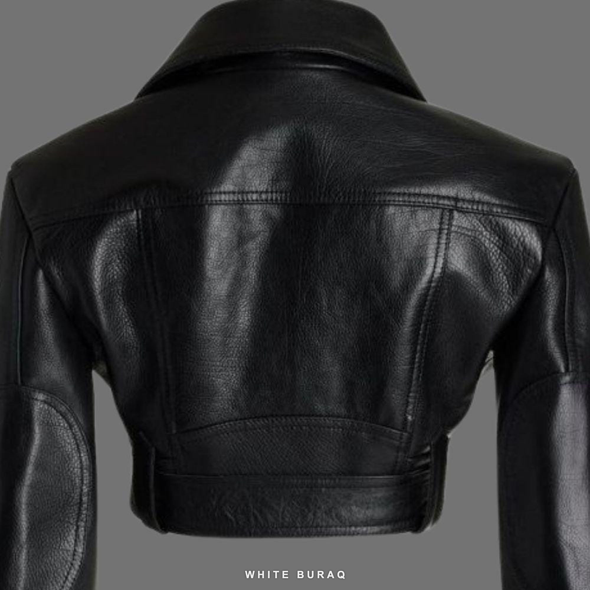 Women's Black Cropped Leather Moto Jacket with Gold Buckle Belt – view 4