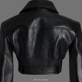Women's Black Cropped Leather Moto Jacket with Gold Buckle Belt – view 4