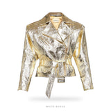 Women's Gold Metallic Belted Cropped Biker Jacket