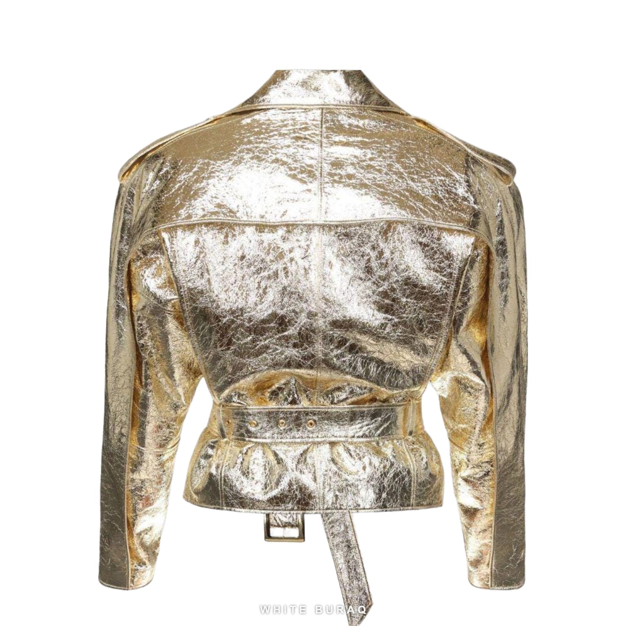Women's Gold Metallic Belted Cropped Biker Jacket – view 4