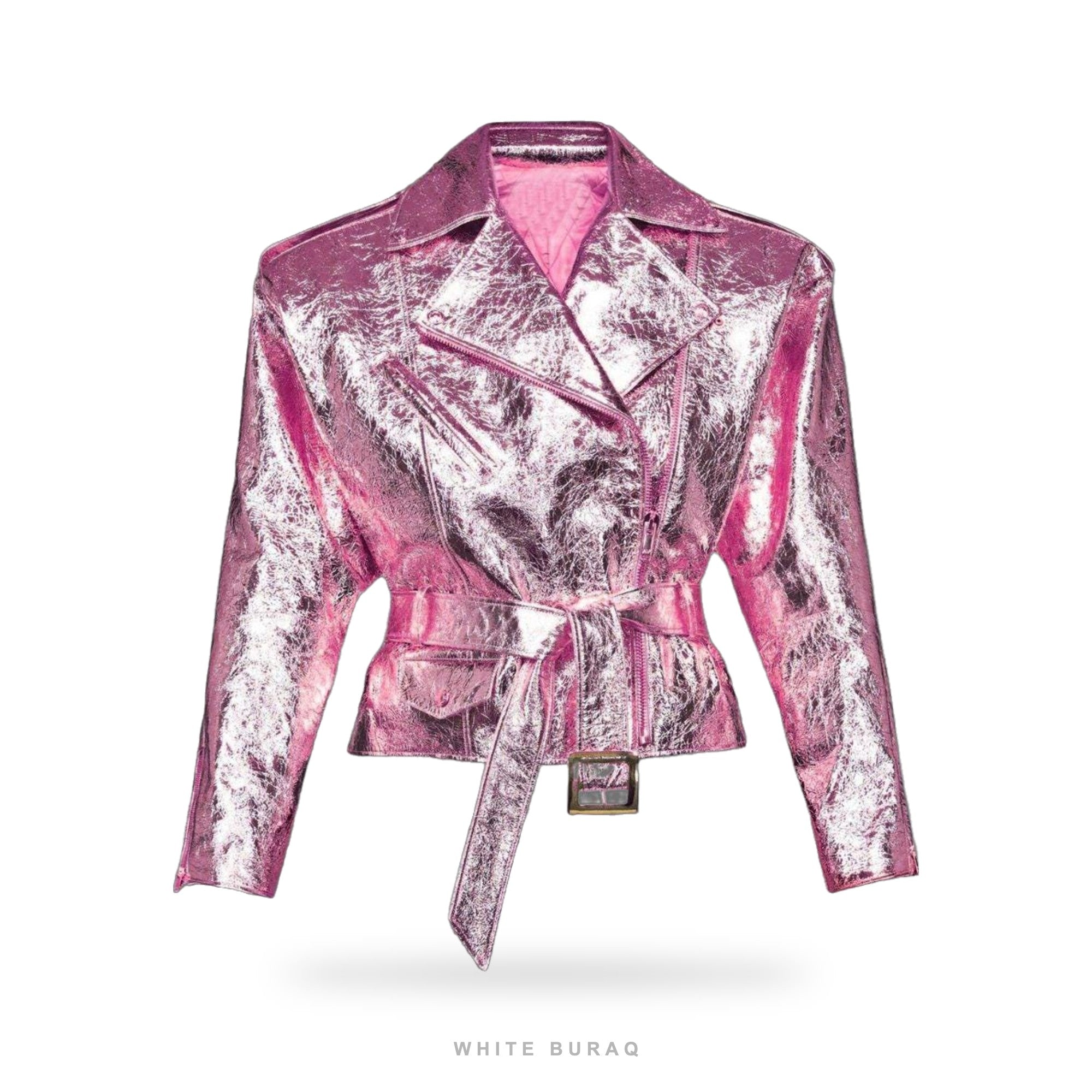 Women's Pink Metallic Sheepskin Belted Biker Jacket