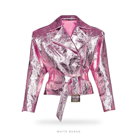 Women's Pink Metallic Sheepskin Belted Biker Jacket