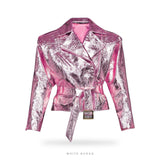 Women's Pink Metallic Sheepskin Belted Biker Jacket