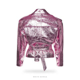 Women's Pink Metallic Sheepskin Belted Biker Jacket – view 2