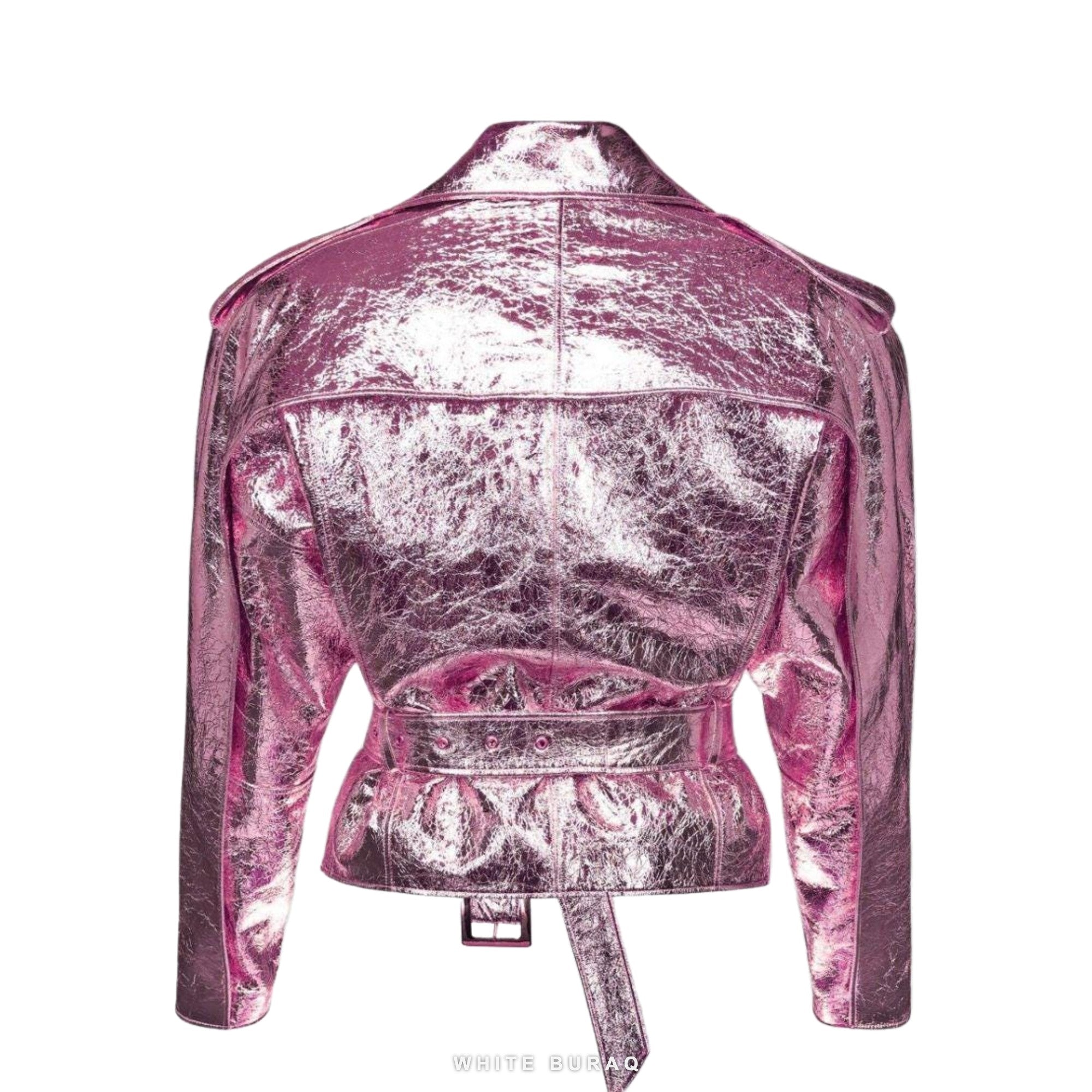Women's Pink Metallic Sheepskin Belted Biker Jacket – view 3
