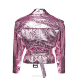 Women's Pink Metallic Sheepskin Belted Biker Jacket – view 3