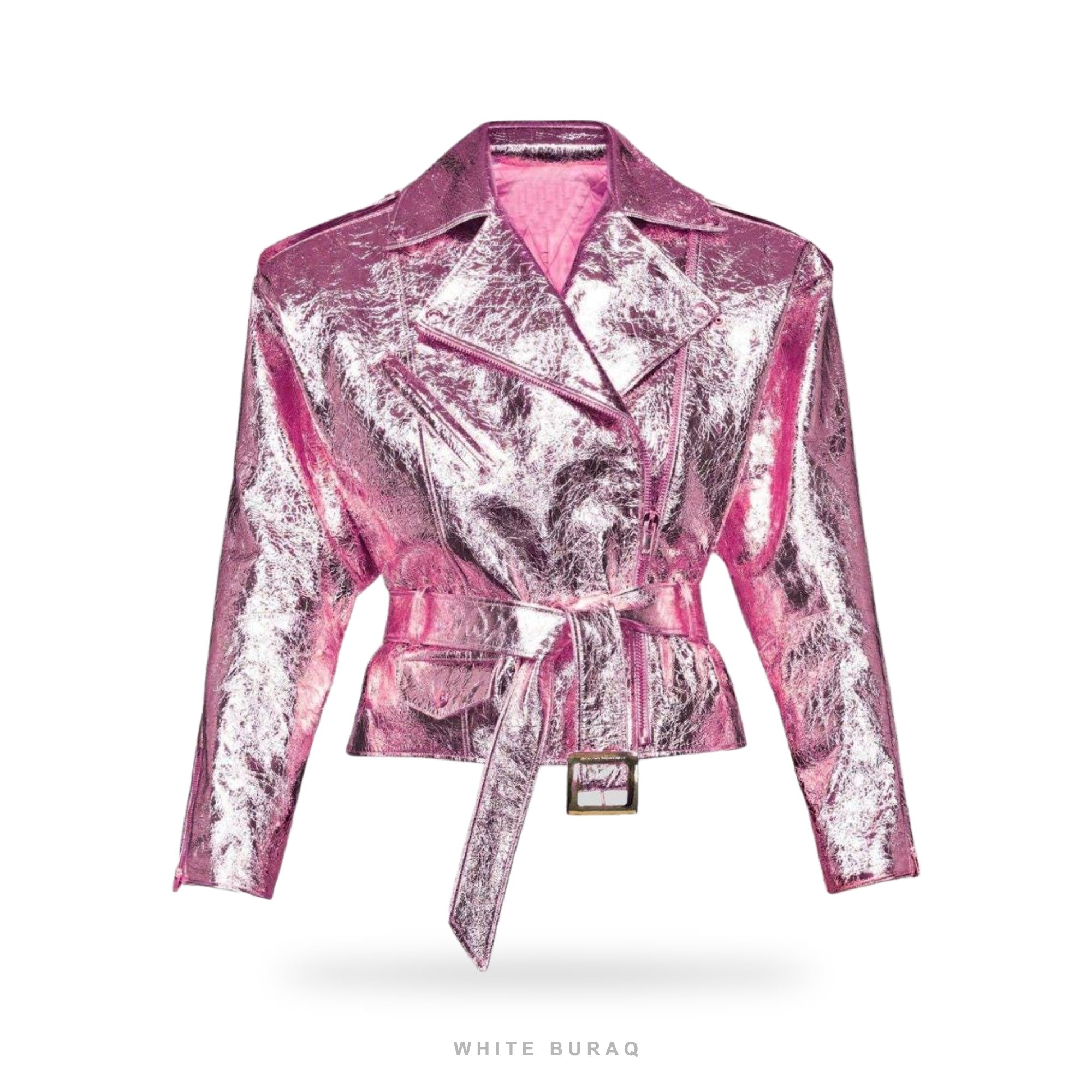 Women's Pink Metallic Sheepskin Belted Biker Jacket – view 4