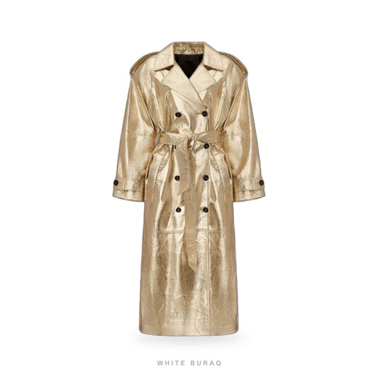 Women's Gold Metallic Leather Double-Breasted Trench Coat