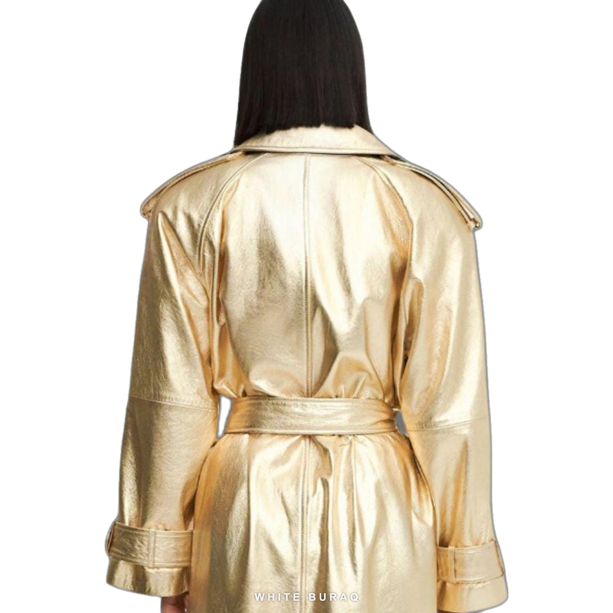 Women's Gold Metallic Leather Double-Breasted Trench Coat – view 4