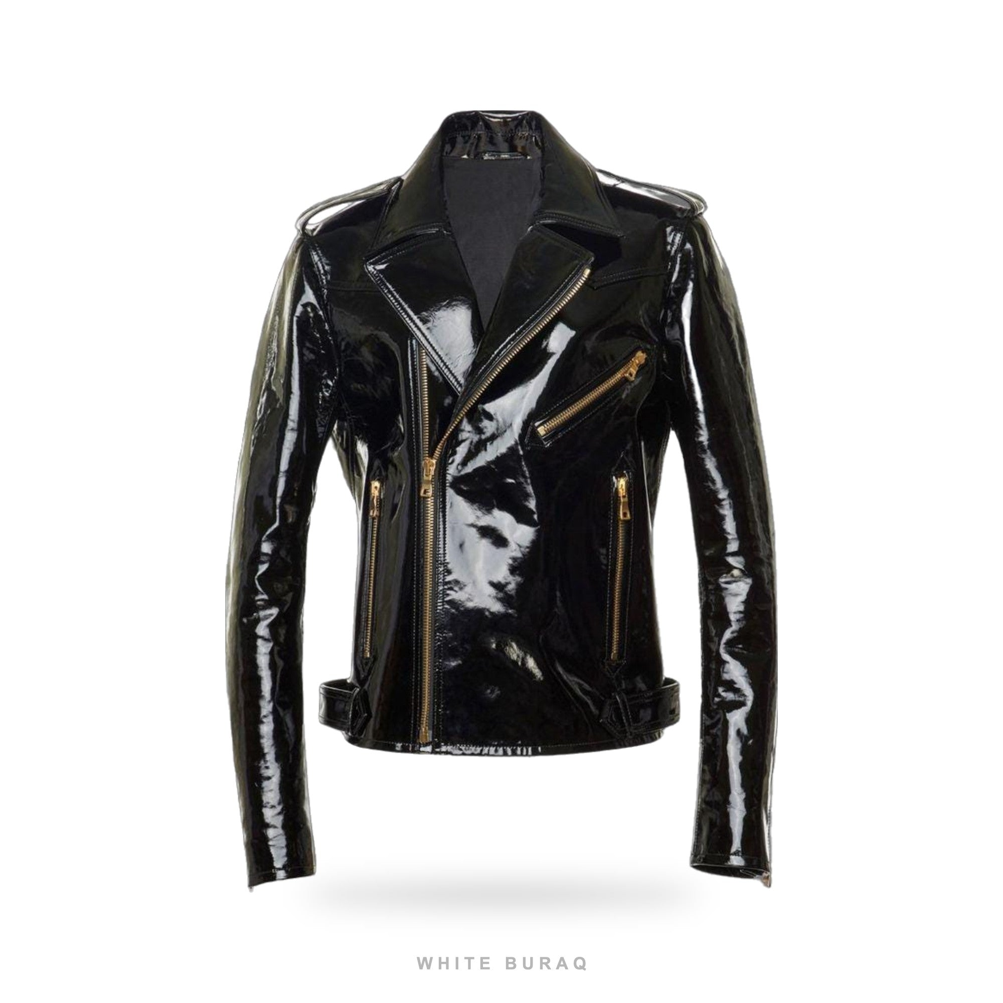Women's High-Shine Black Vinyl Biker Jacket with Gold Zips