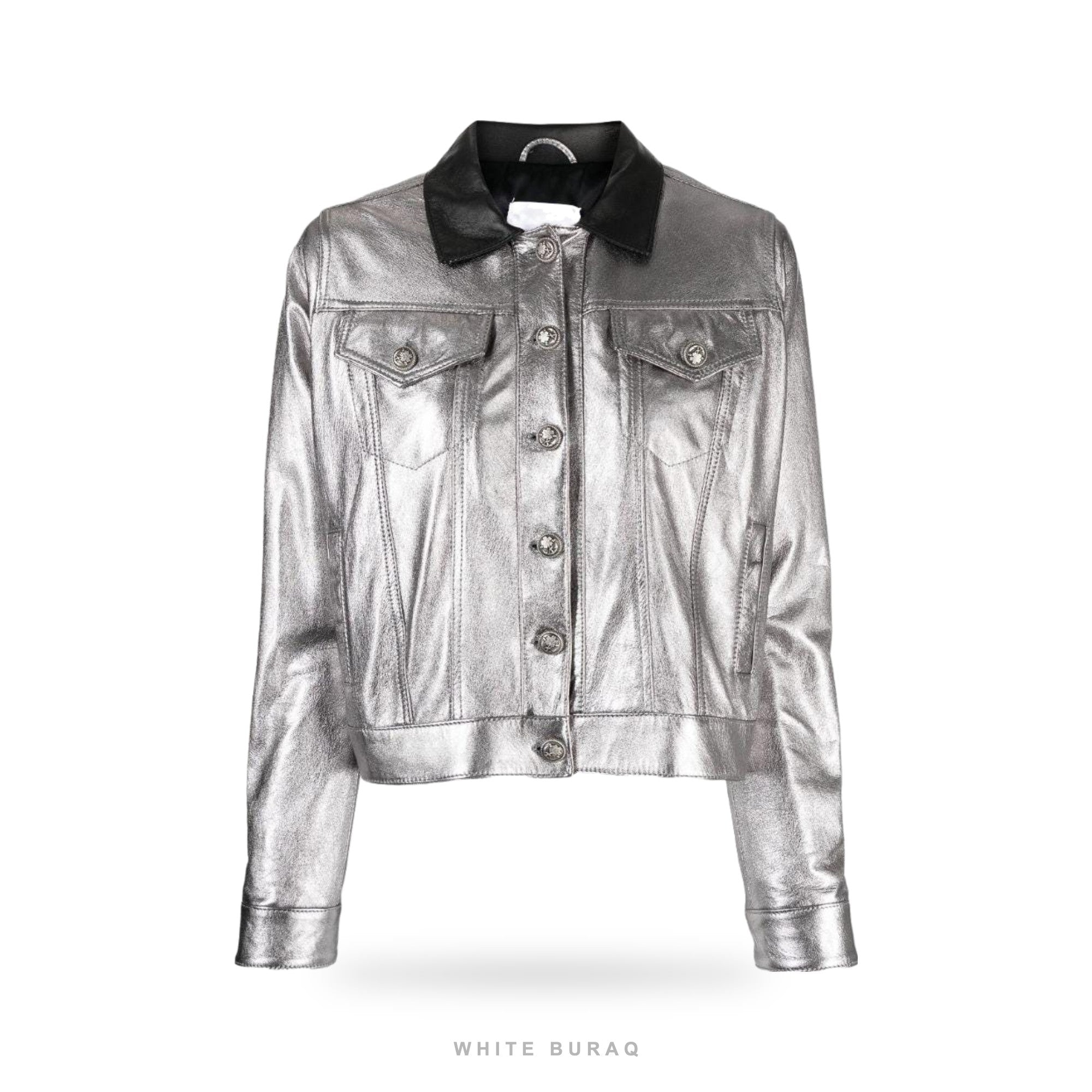 Women's Metallic Silver Cropped Leather Jacket with Black Collar