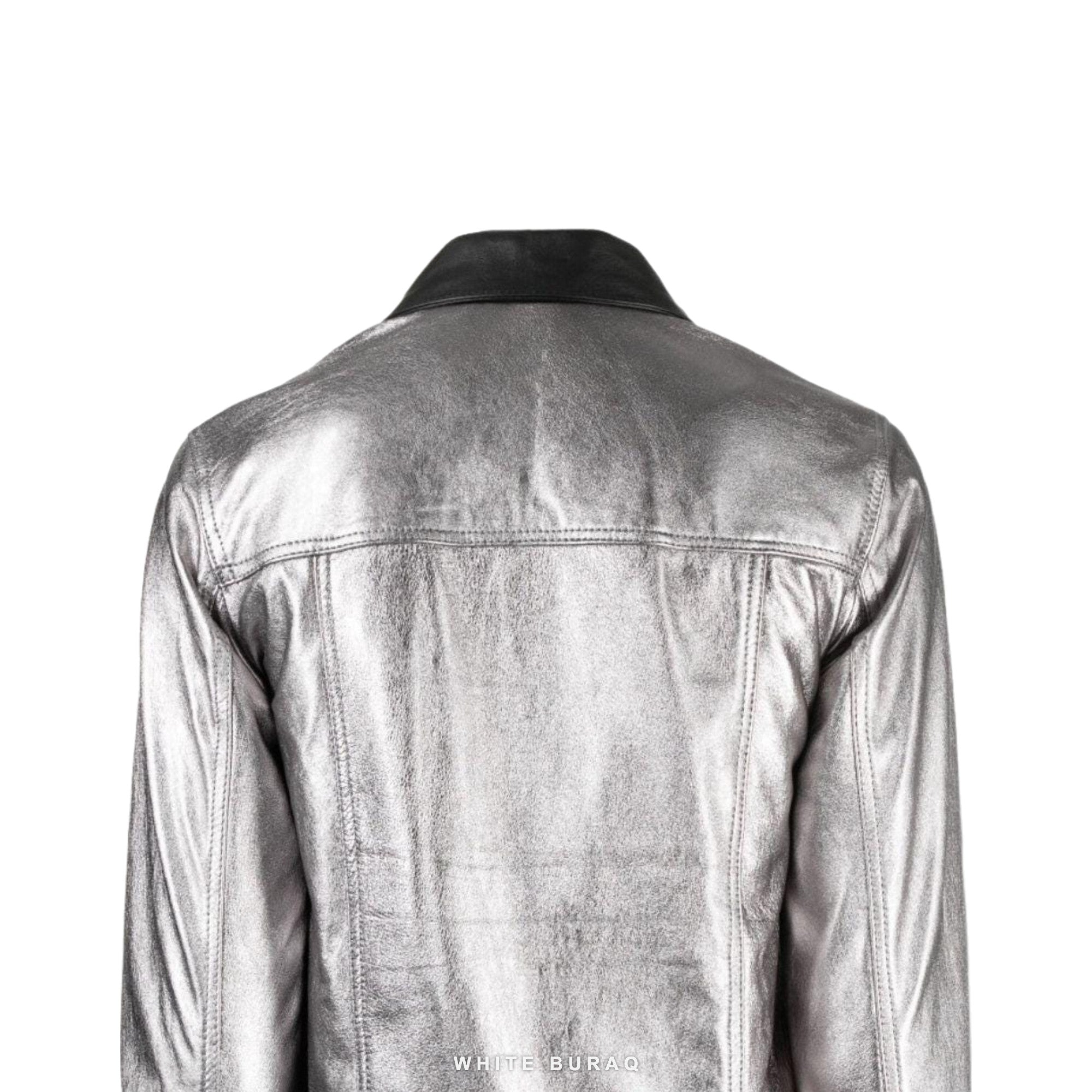 Women's Metallic Silver Cropped Leather Jacket with Black Collar – view 3