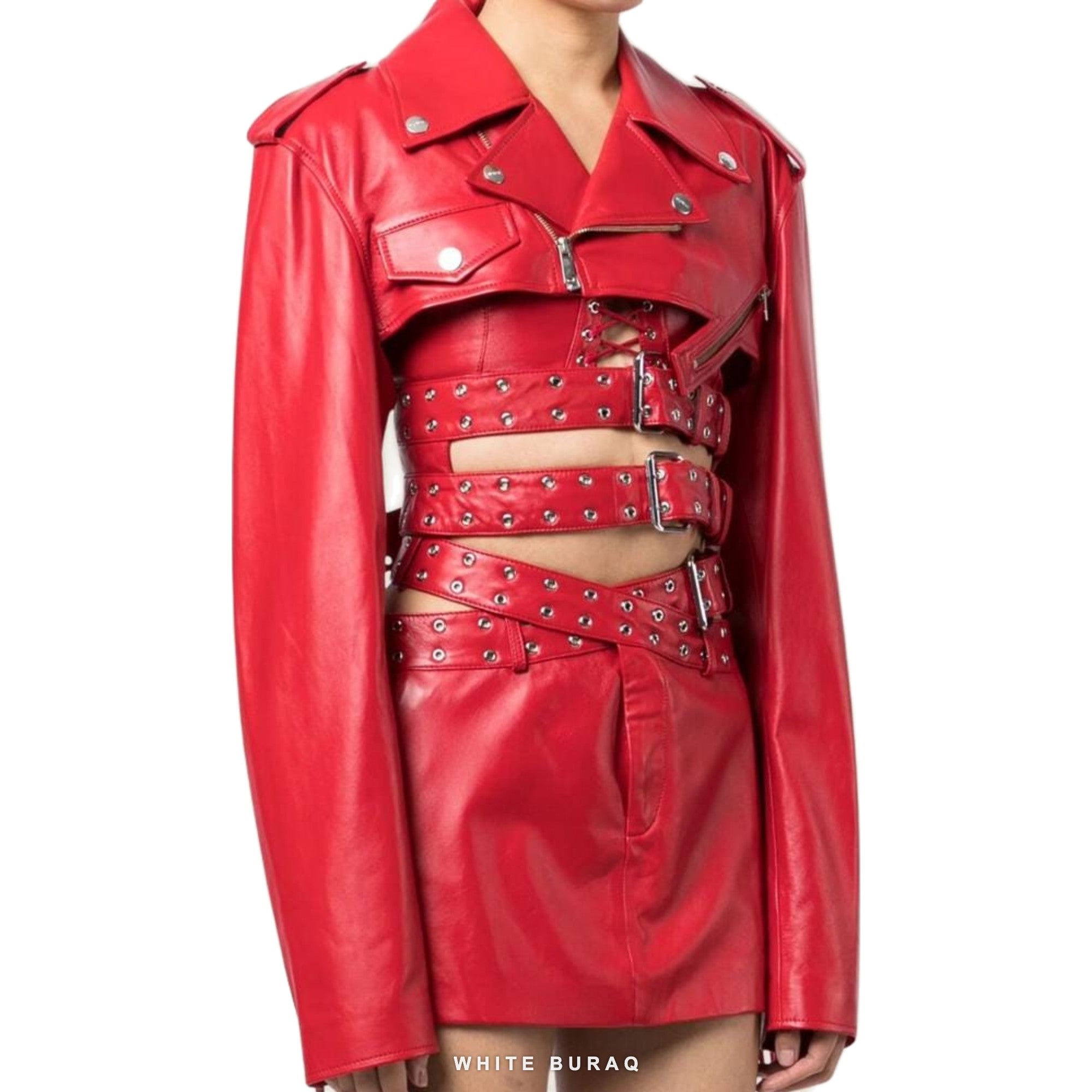 Women's Red Sheepskin Leather Bolero Moto Jacket – view 2
