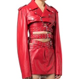 Women's Red Sheepskin Leather Bolero Moto Jacket – view 2