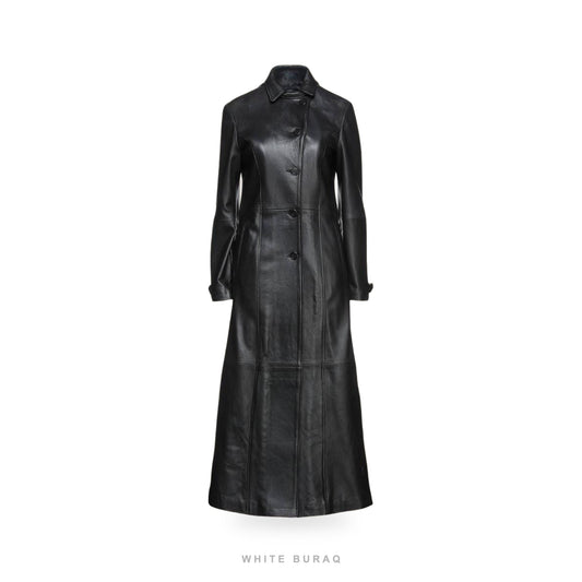 Women's Full-Length Black Leather Trench Coat