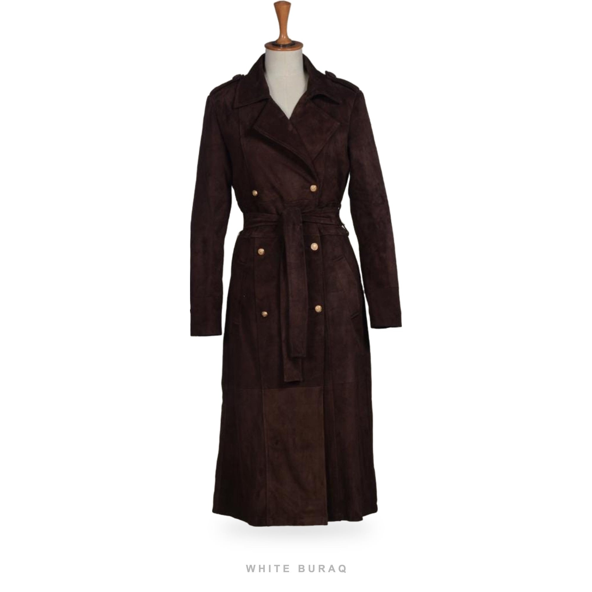Women's Chocolate Brown Suede Double-Breasted Long Coat