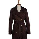 Women's Chocolate Brown Suede Double-Breasted Long Coat – view 2