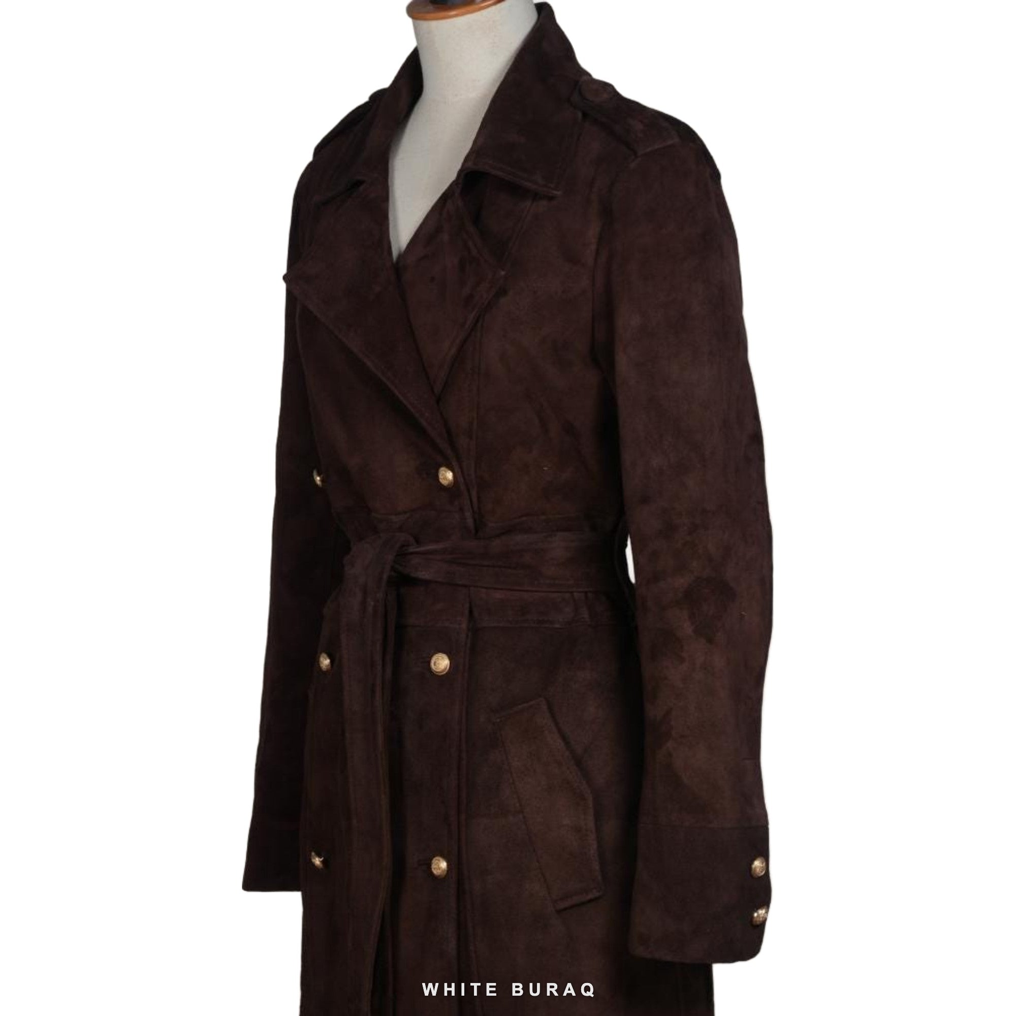 Women's Chocolate Brown Suede Double-Breasted Long Coat – view 3