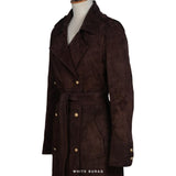 Women's Chocolate Brown Suede Double-Breasted Long Coat – view 3