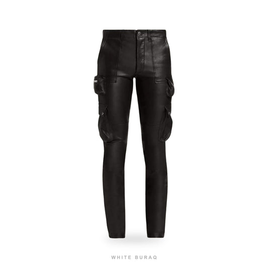 Men's Slim Black Leather Cargo Pants