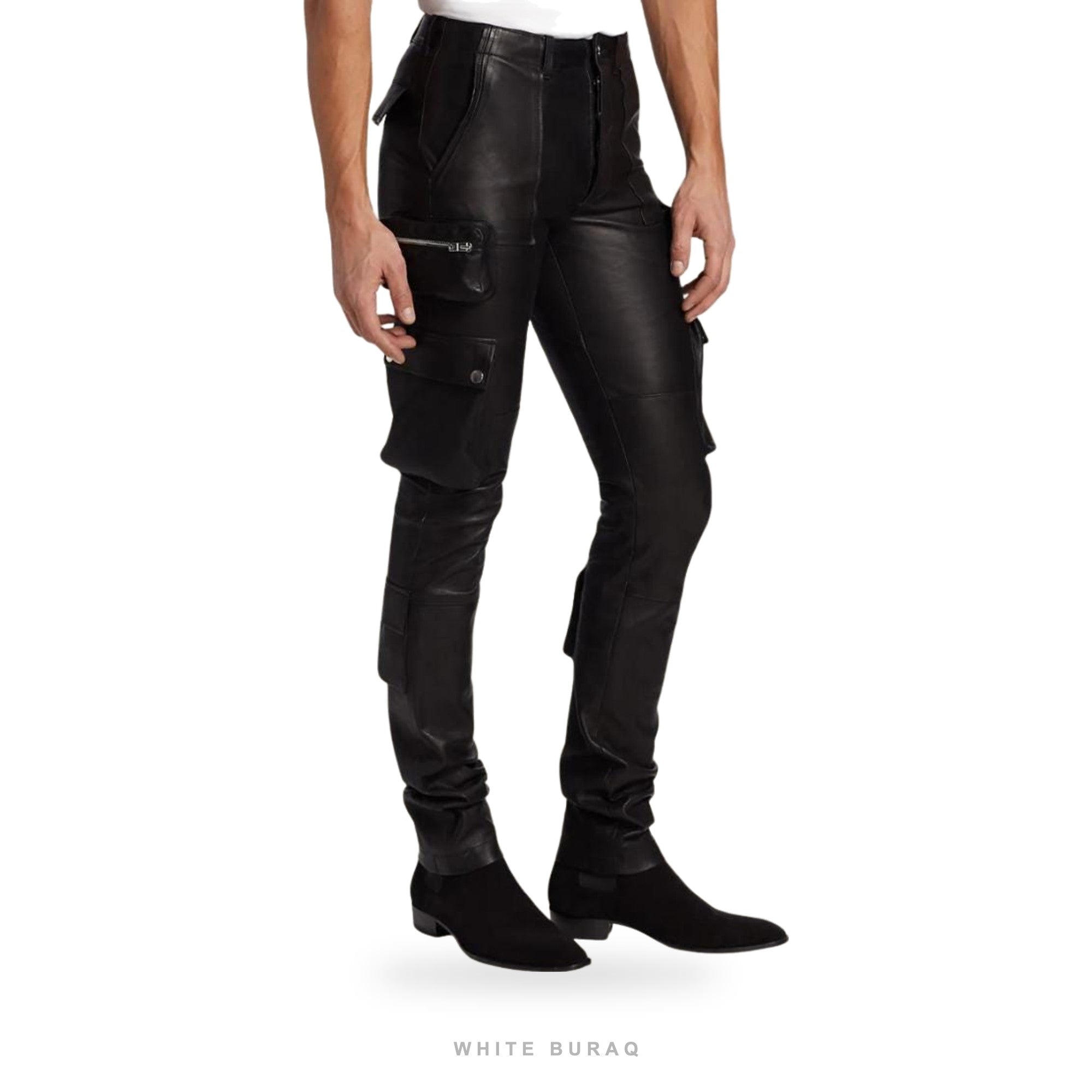 Men's Slim Black Leather Cargo Pants – view 3
