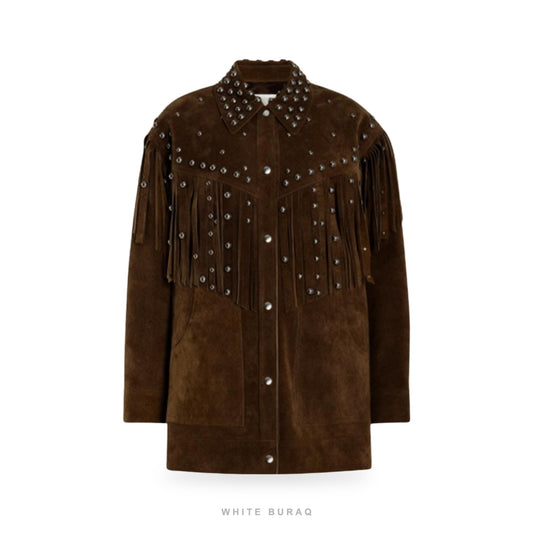 Women's Studded Brown Suede Fringe Western Jacket