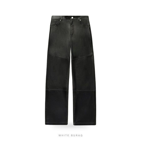 Men's Black Sheepskin Leather Straight-Leg Pants