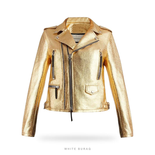 Women's Gold Metallic Cropped Asymmetric Biker Jacket