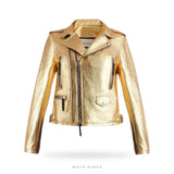 Women's Gold Metallic Cropped Asymmetric Biker Jacket