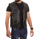 Men's Vintage Black Leather V-Neck Motorcycle Vest
