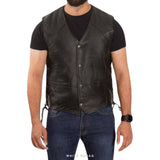 Men's Vintage Black Leather V-Neck Motorcycle Vest – view 2