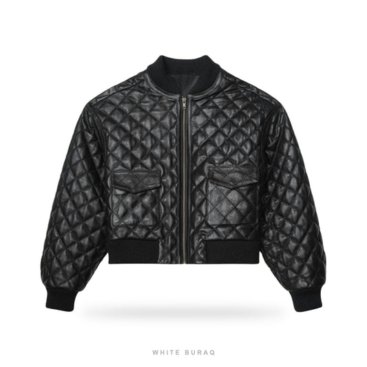 Women's Quilted Black Sheepskin Cropped Bomber Jacket