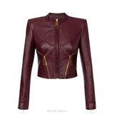 Women's Burgundy Sheepskin Cropped Peplum Jacket