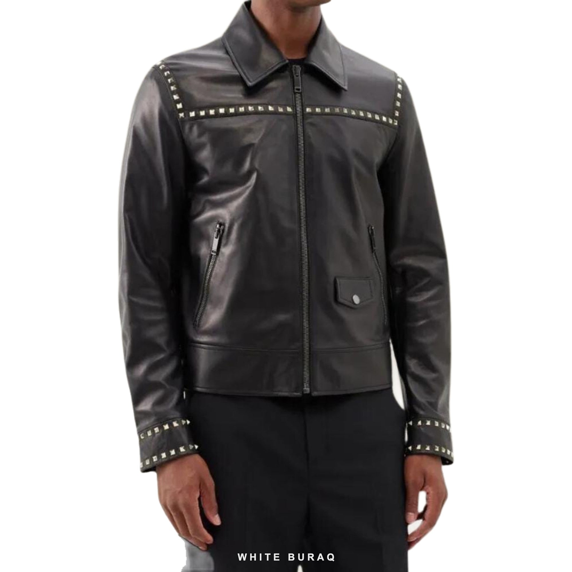 Men's Black Leather Jacket with Rock Studs