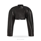 Women's Black Sheepskin Cropped Jacket with Sculptural Sleeves