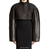 Women's Black Sheepskin Cropped Jacket with Sculptural Sleeves – view 3