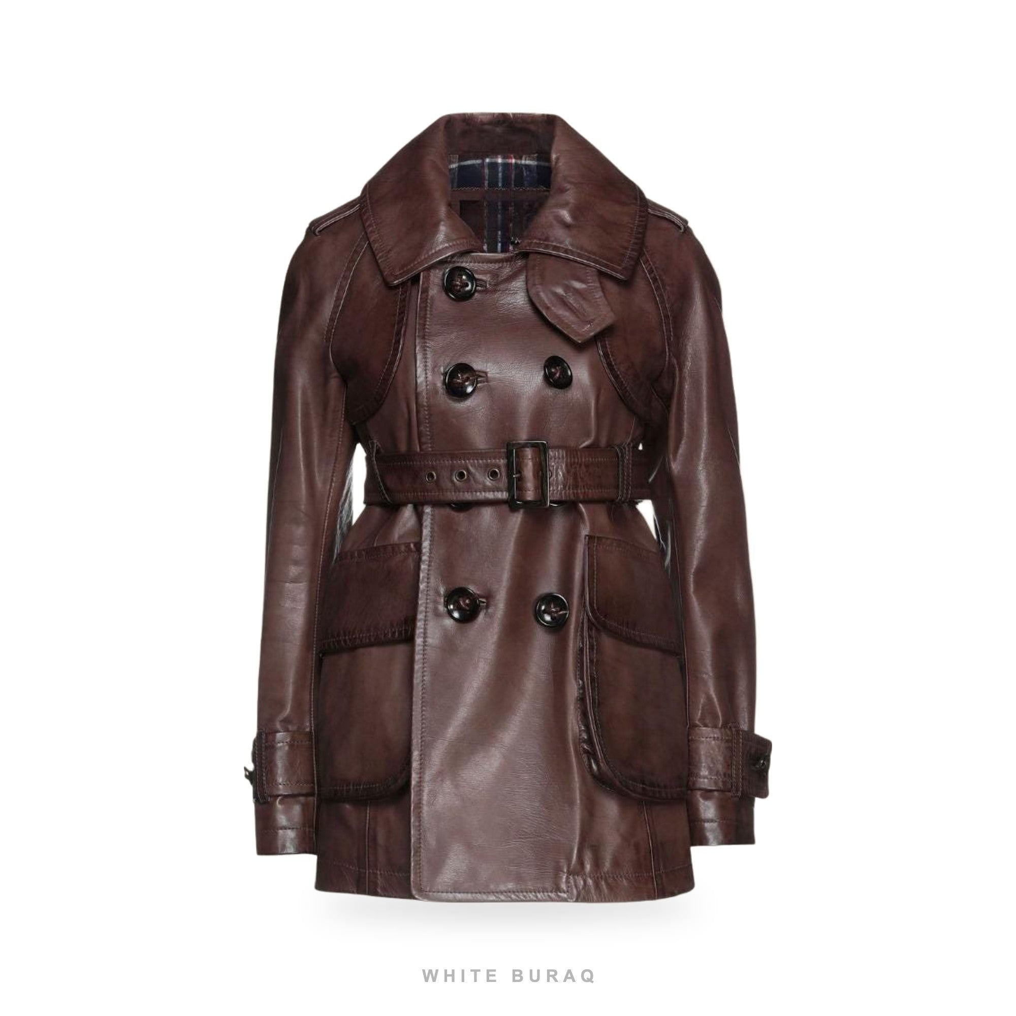 Women's Patina Leather Belted Short Trench Jacket