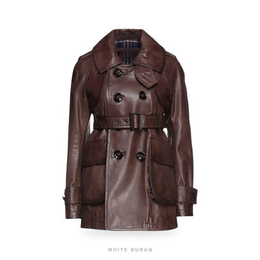 Women's Patina Leather Belted Short Trench Jacket