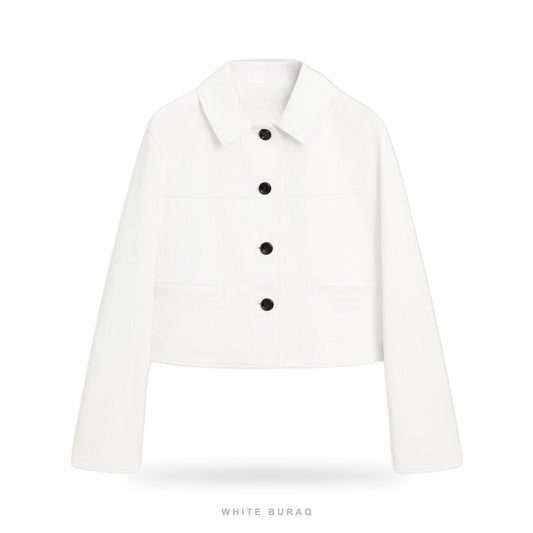 Women's White Cropped Nappa Leather Button-Up Jacket