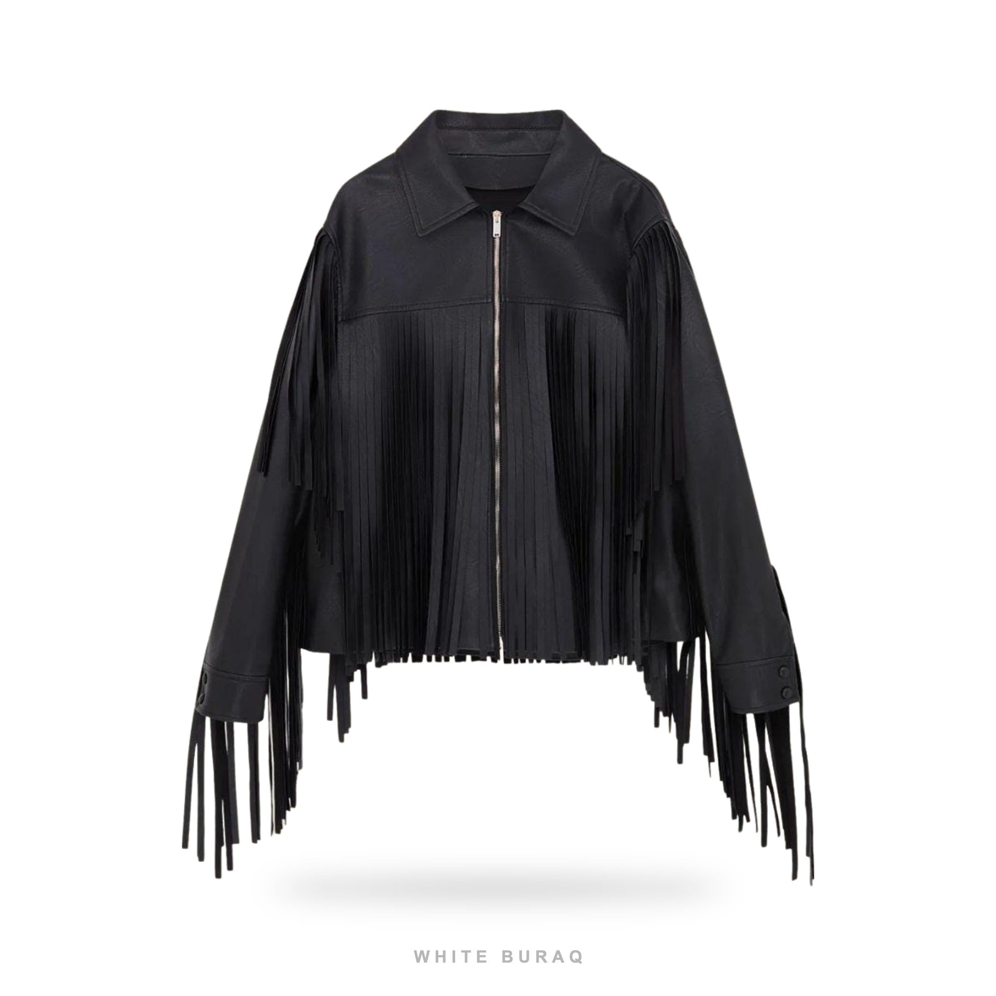 Women's Black Sheepskin Western Fringe Zip Jacket