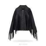 Women's Black Sheepskin Western Fringe Zip Jacket