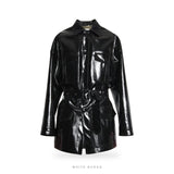 Women's Black Vinyl Double-Breasted Midi Trench Coat – view 3