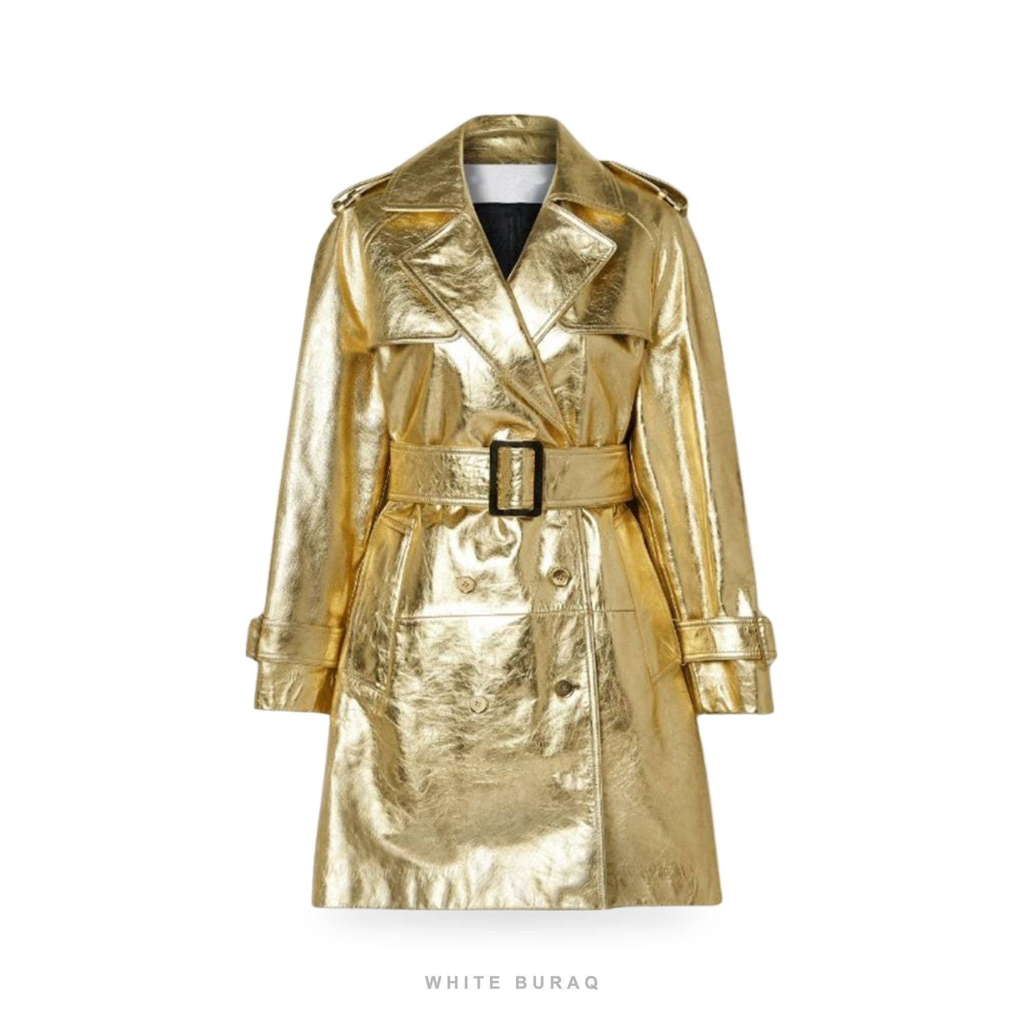 Women's Metallic Gold Leather Midi Trench Coat – view 3