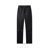 Women's Black Lambskin Leather Straight-Leg Pants