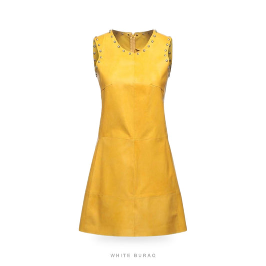 Women's Studded Yellow Leather A-Line Mini Dress